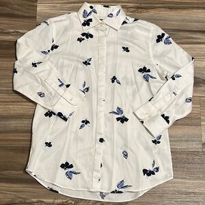 Chaps Ralph Lauren Shirt Sz S No Iron Blue Floral Print Button Up 3/4 Sleeves